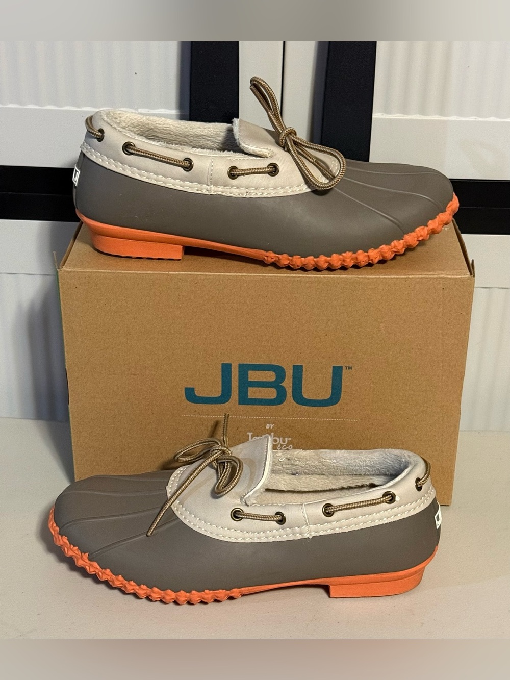 JBU “Gwen” Weather Ready Fur-Lined Taupe/Coral Duck Slip-On Water Resistant Shoe